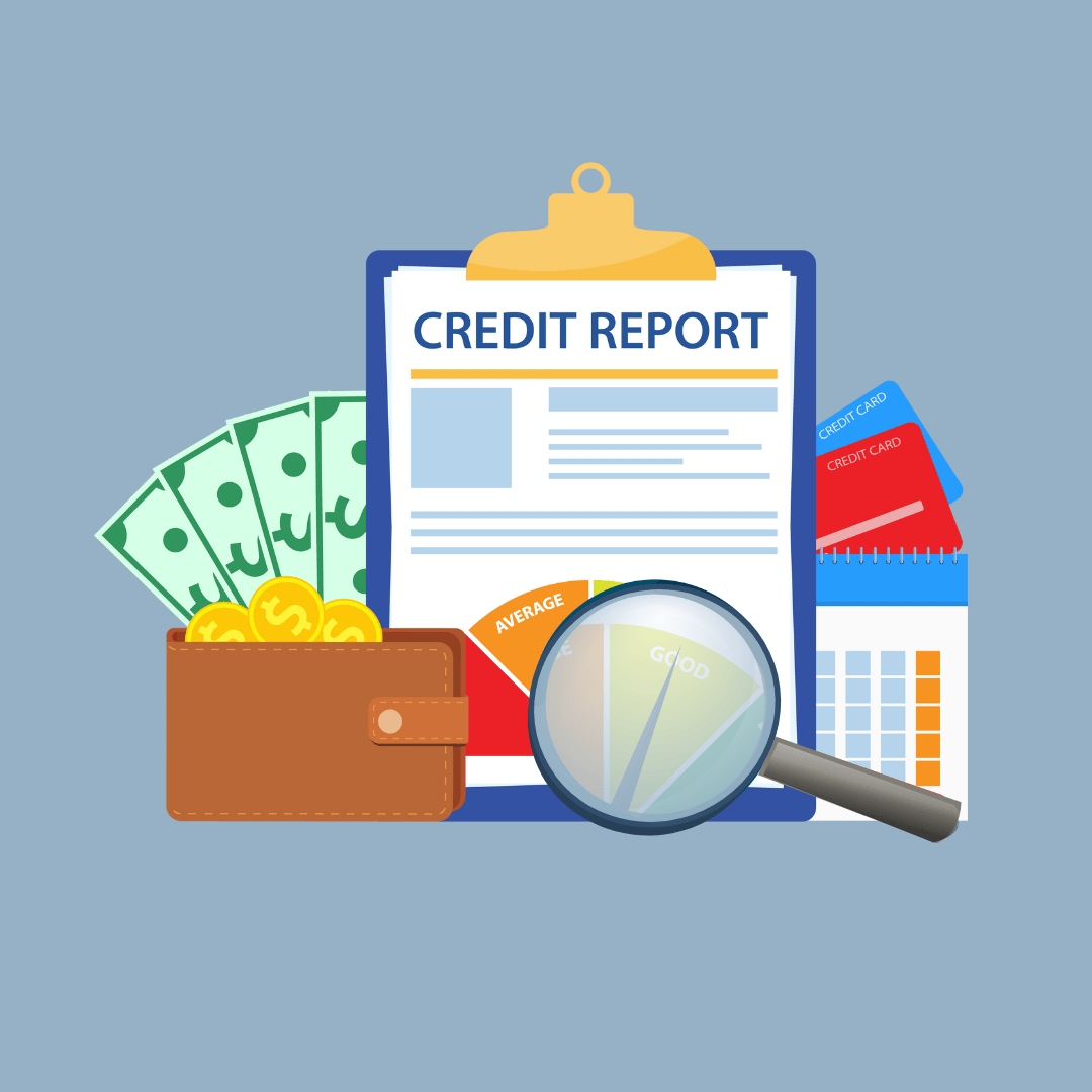 A credit report on a clip board, surrounded by a wallet, dollar bills, credit cards, a calculator and a magnifying glass.