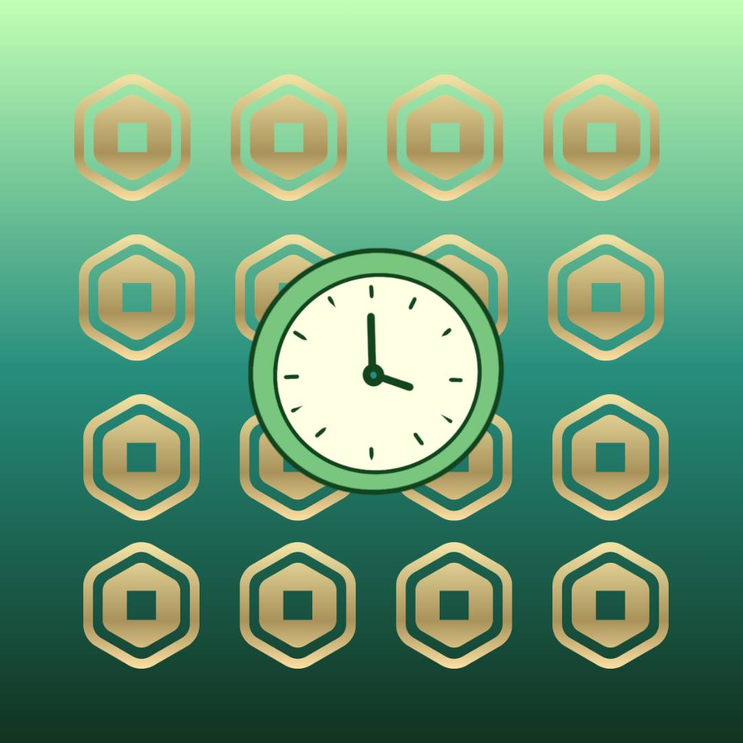 Clock in center of green ombre background with rows of Robux icons all around. 