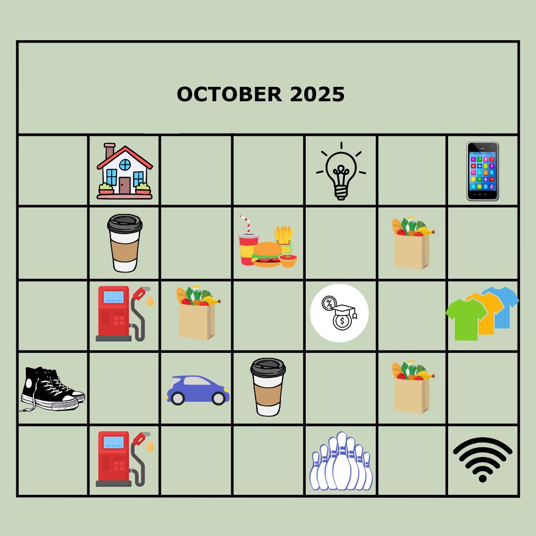 A calendar page for October 2025 with icons that represent fixed and variable expenses: housing, internet, phone bill, utilities, gas, car payment, groceries, eating out, clothing, shoes, bowling, coffee, and student loans.  