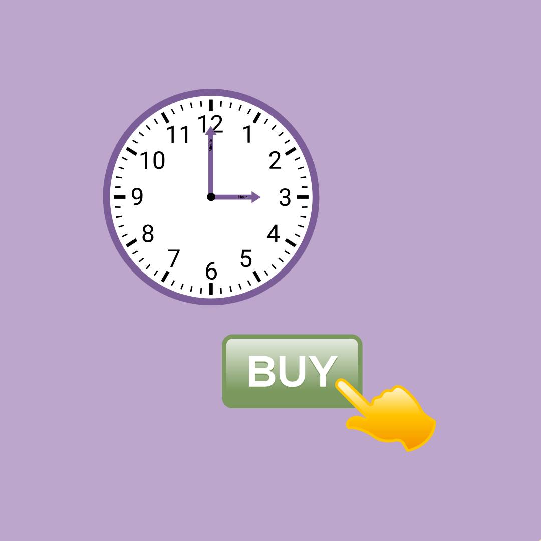 A finger emoji hovering over the buy button with a clock in the background, all on a purple background. 