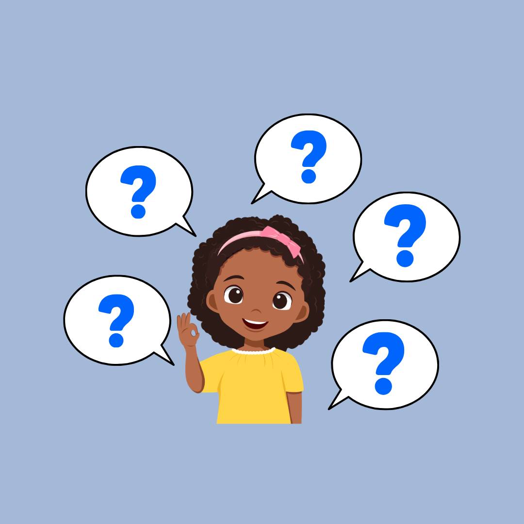 Little black girl in a yellow shirt and pink headband with white speech bubbles w/blue question marks all around her in a half circle 