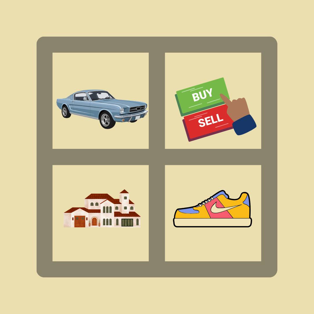 Vintage Ford mustang, a buy sell button with a hand lumbering over it, a mini mansion and a pair of colorful nikes in a four square grid. Yellow background. 