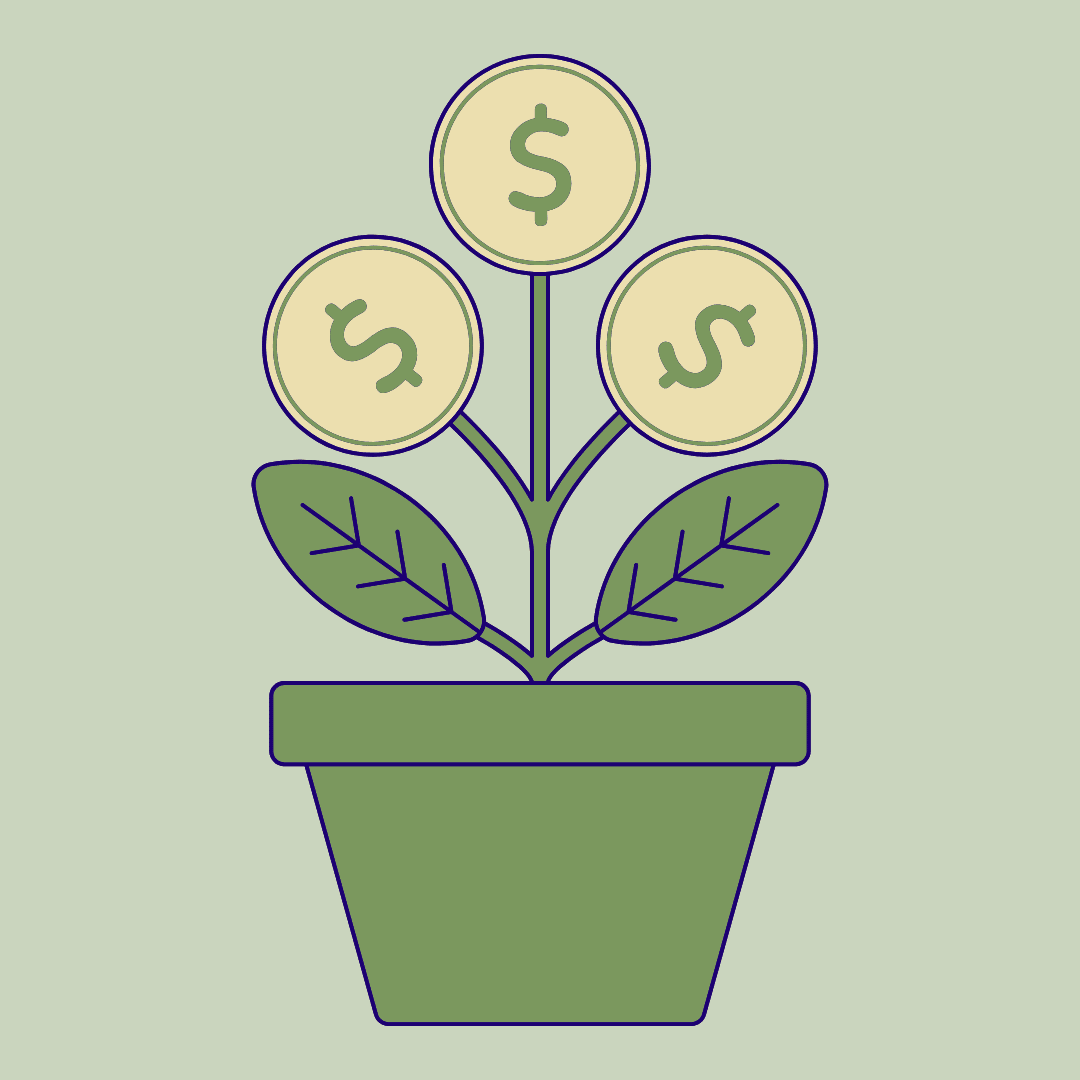 A green flower pot with yellow "flowers" that have green dollar signs in the center