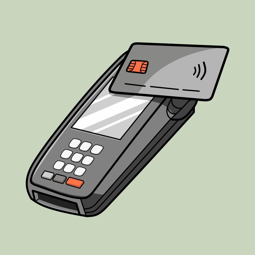 Black point-of-sale machine on green background with a debit card tapping it to pay