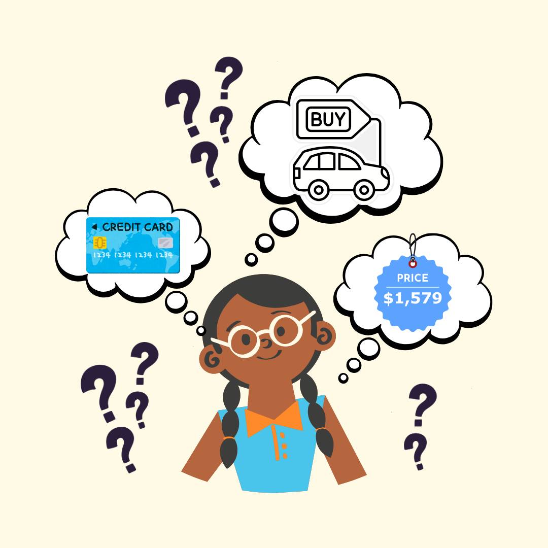 Girl with thought bubbles of a credit card, a price tag, and buying a car. Question marks are around her head. 