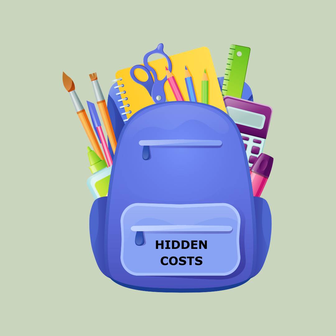 Blue backpack with school supplies in it on a green background and the words "hidden costs" on the pocket of the backpack.