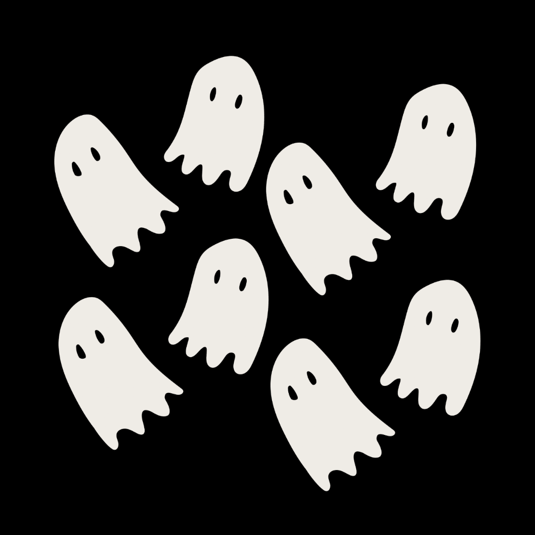 White ghosts floating on black background 