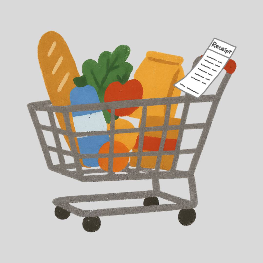 Grocery cart loaded with baguette, water, vegetables, various bagged item and a grocery receipt all on a gray background. 
