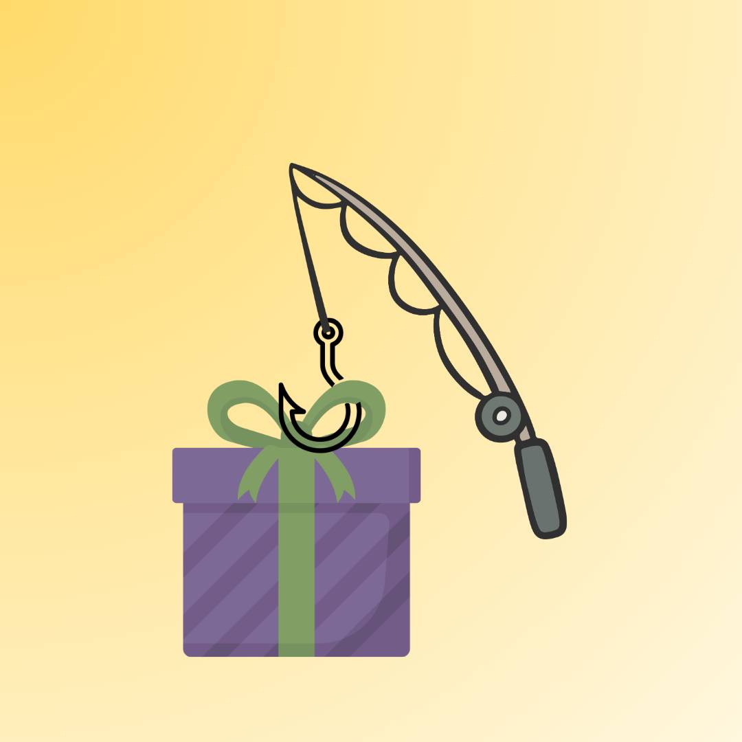 Purple gift box with a green ribbon being hooked by a fishing pole. Yellow background.