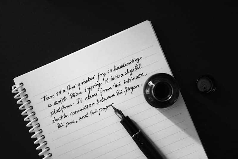 A fountain pen and inkwell on a notebook.