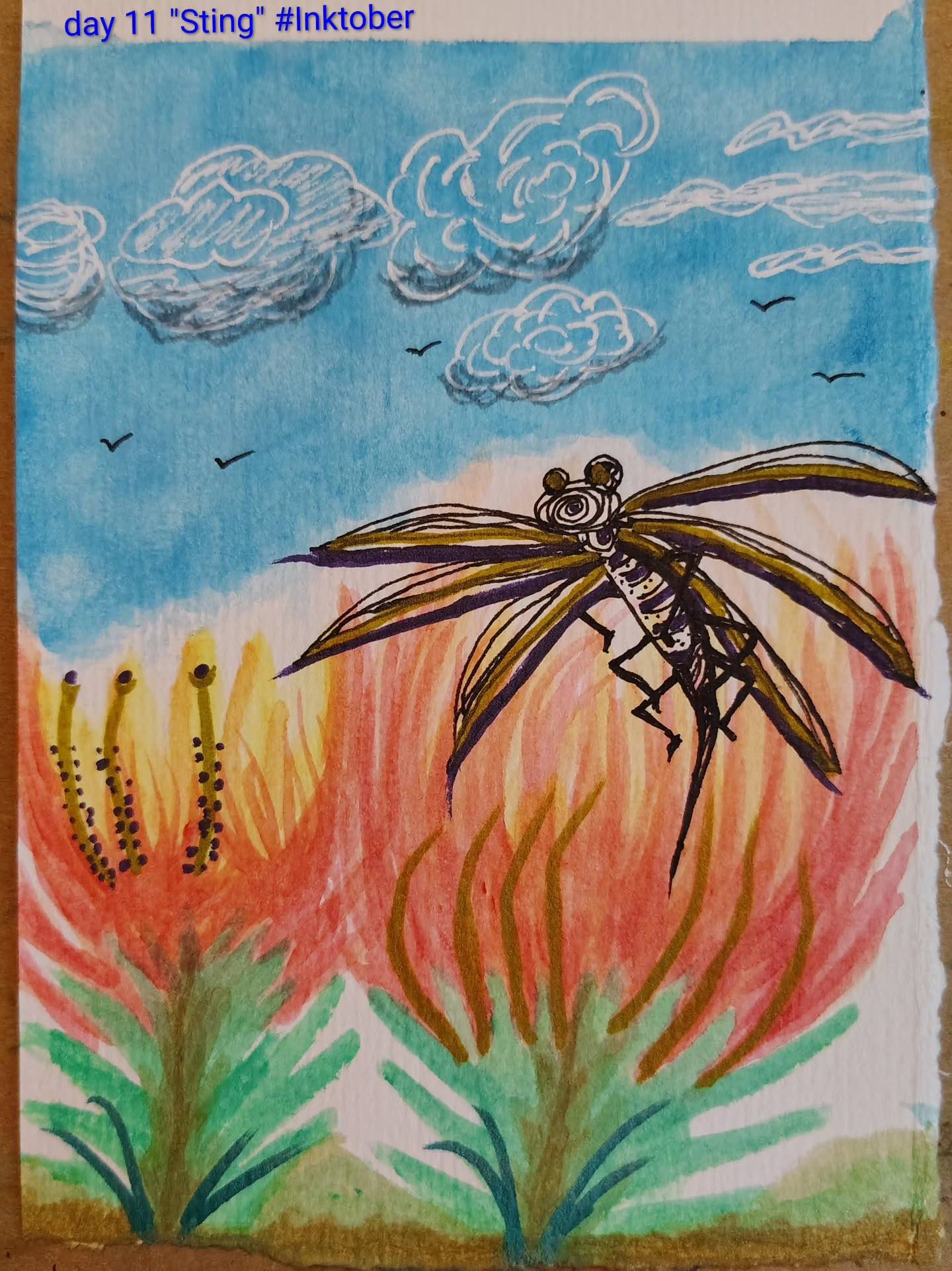Done quick! All I'm ever really going for is visual *interest*
Day 11 #Sting #Inktober2025 #watercolor #insect #bug #flowers