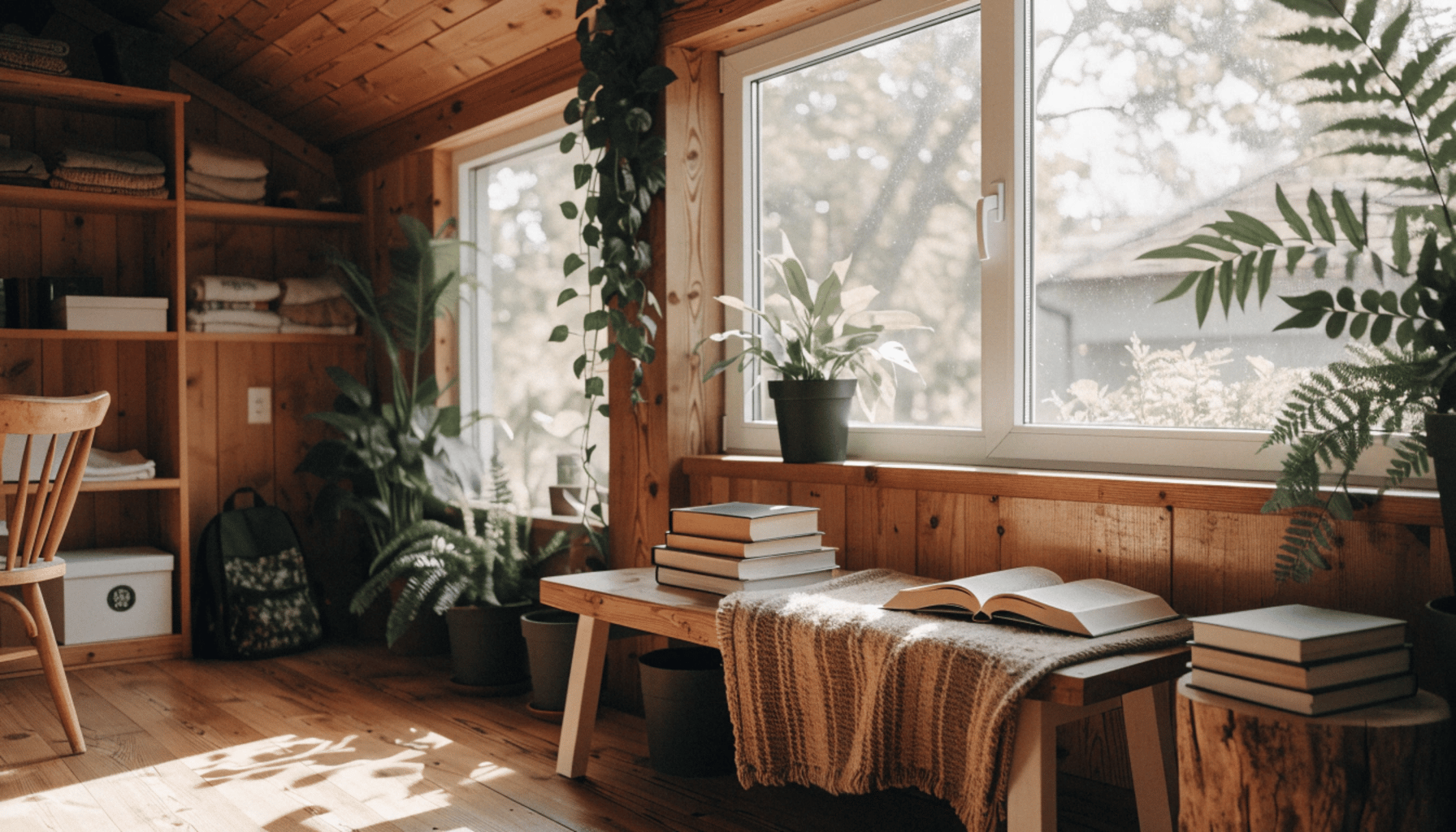 A sun-drenched tiny home interior with warm wood tones, a compact reading nook by a large window, and lush green plants tucked into every corner.