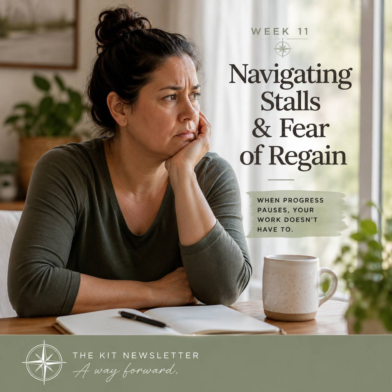 A thoughtful midlife woman sits at a table beside a window, resting her chin on her hand as she looks outside with a concerned, reflective expression. An open notebook, pen, and mug sit in front of her, suggesting quiet contemplation. The image uses soft 