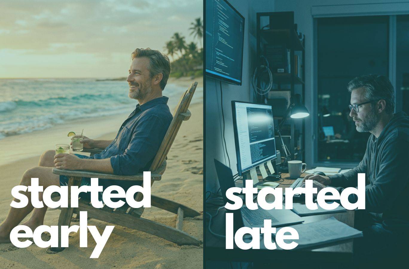 Start Early on the left with guy on beach relaxing. Started Late on the right with guy working late into the night.