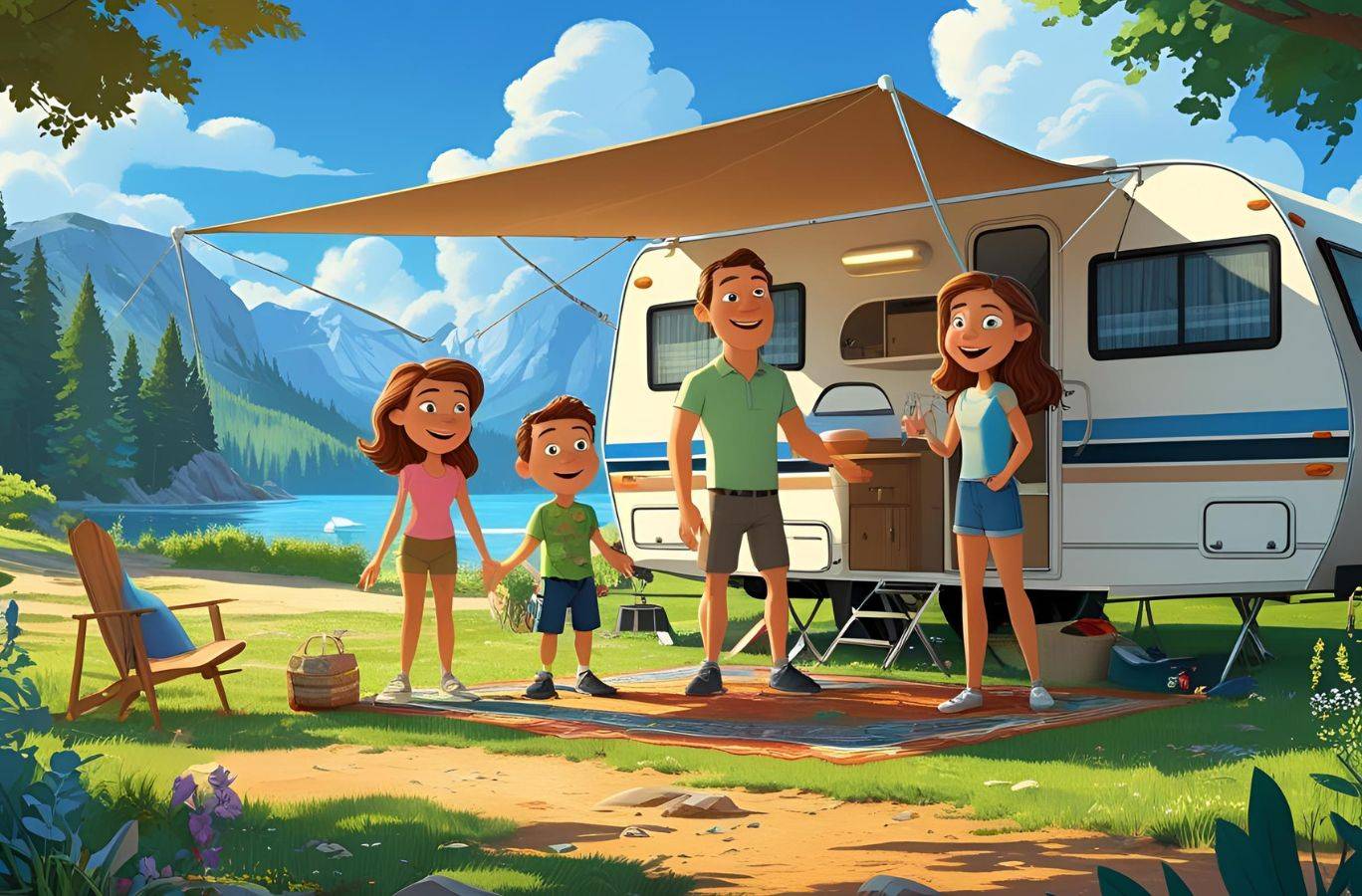 A family taking an RV trip to a national park