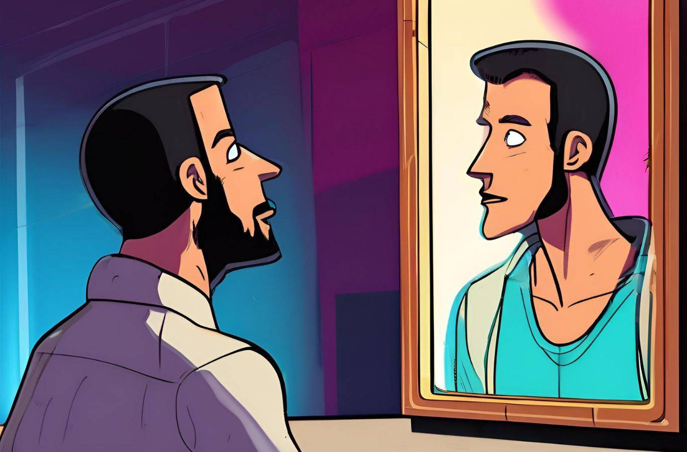 A man looking in the mirror and seeing a past version of himself