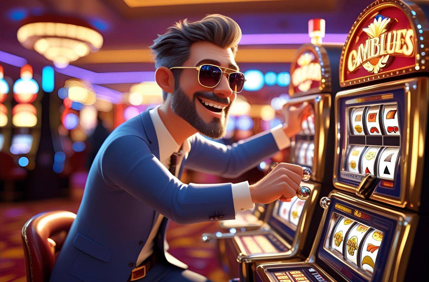 A guy pulling slots in the casino
