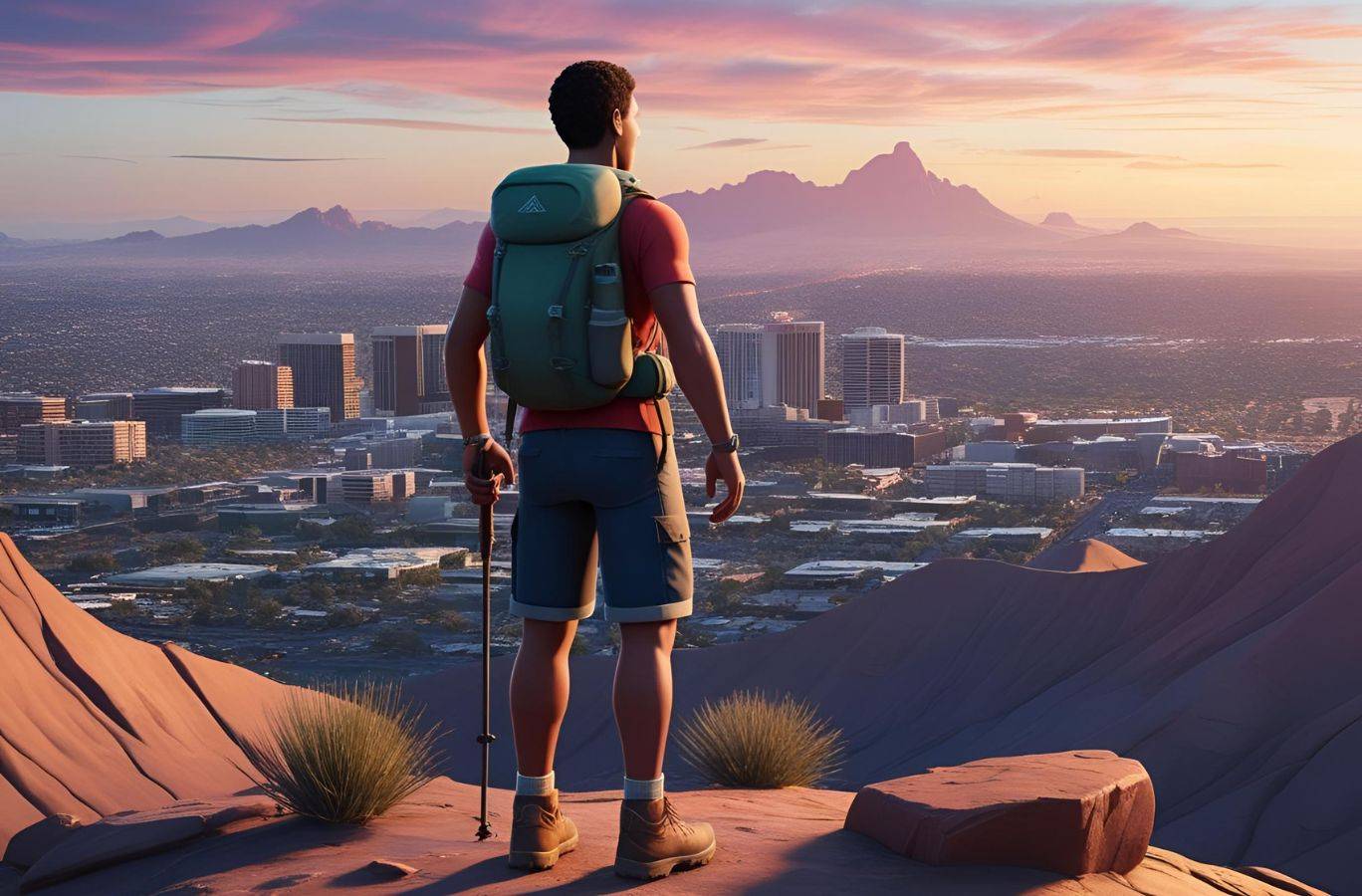 A man overlooking a city at the top of a mountain