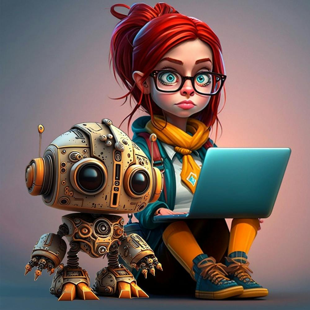 Robot y chica con portátil