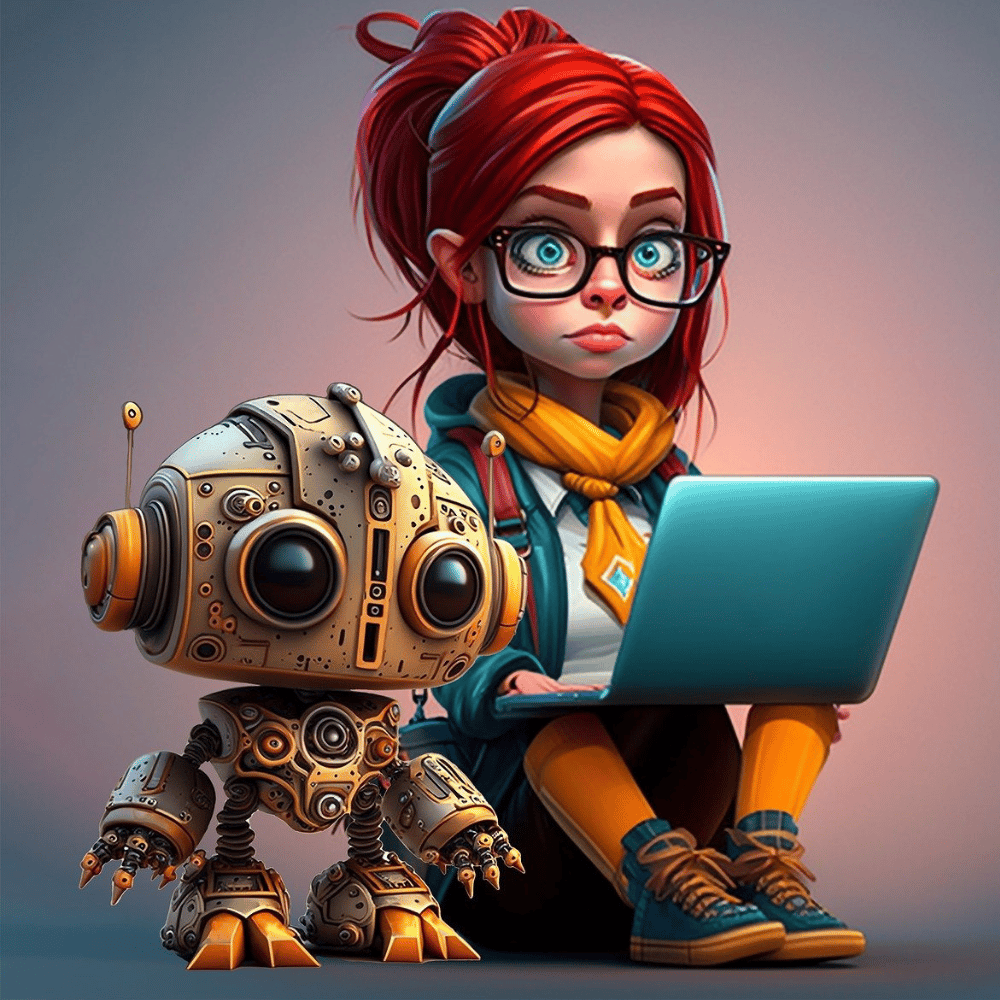 Robot y chica con portátil