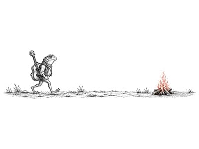 A whimsical folk art black-and-white illustration of a frog carrying a guitar toward a small glowing campfire.