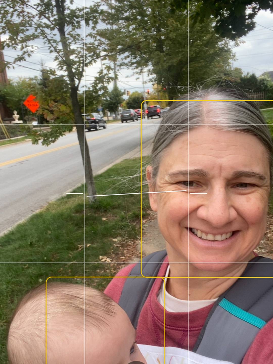Sammy is holding a baby on a walk with her dog.