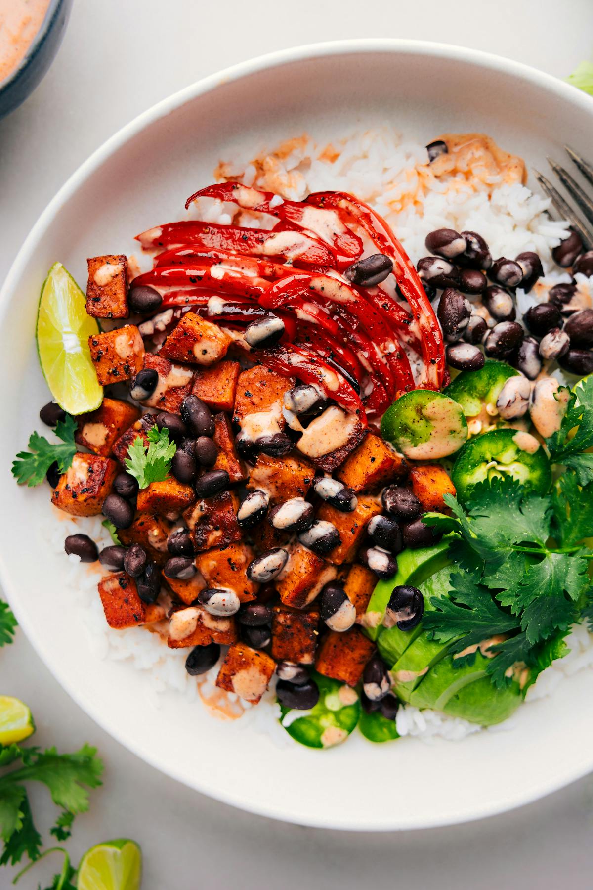overhead photo of sweet potato burrito bowls in a white bowl with sauce drizzled on top