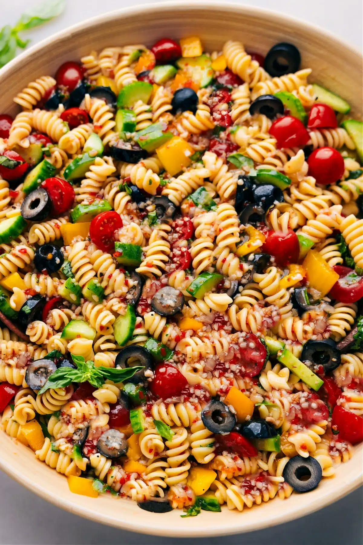 bowl filled with pasta salad and veggies