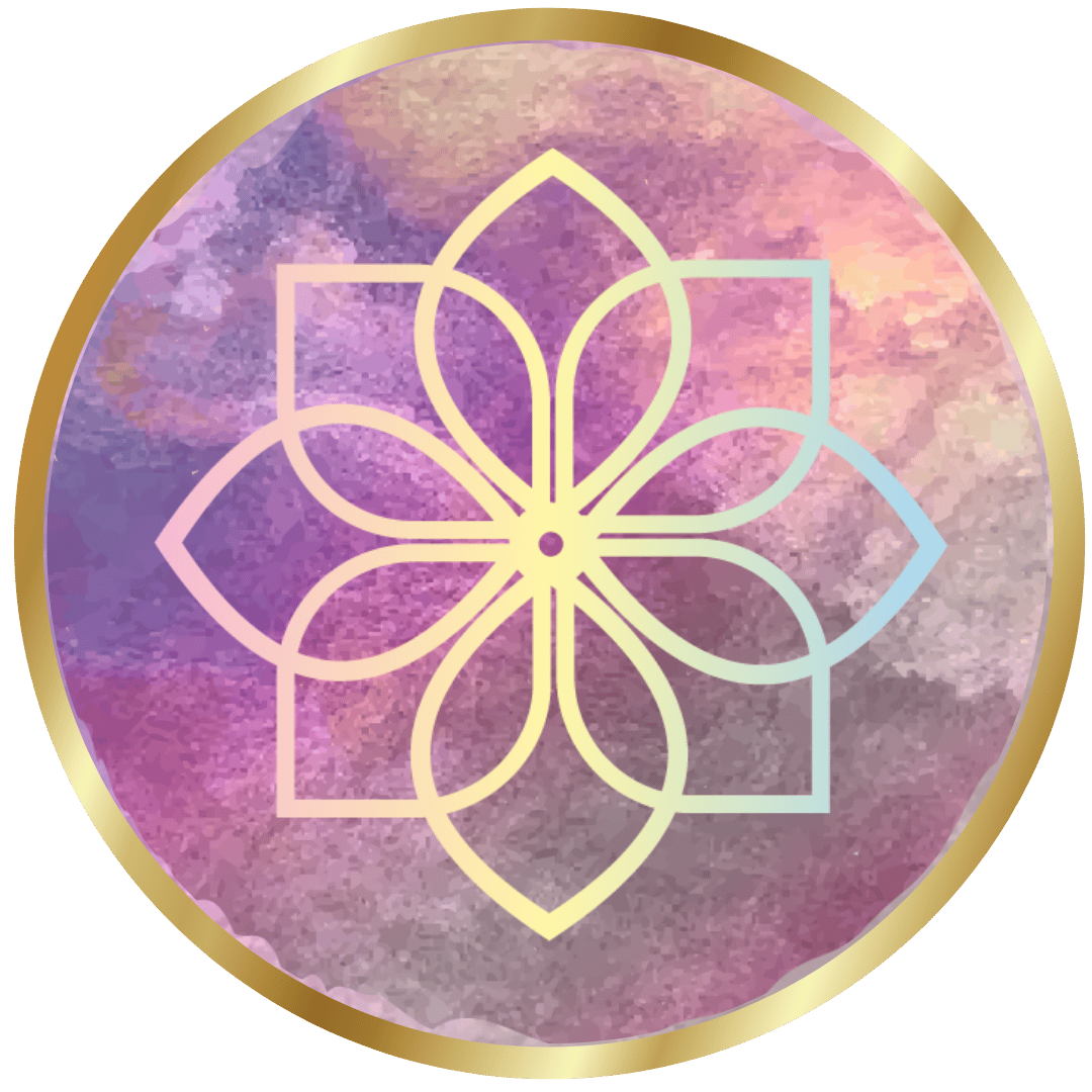 floral geometric pattern against pink/mauve/purple and gold background;  the logo for the School for Flower Essence Studies 