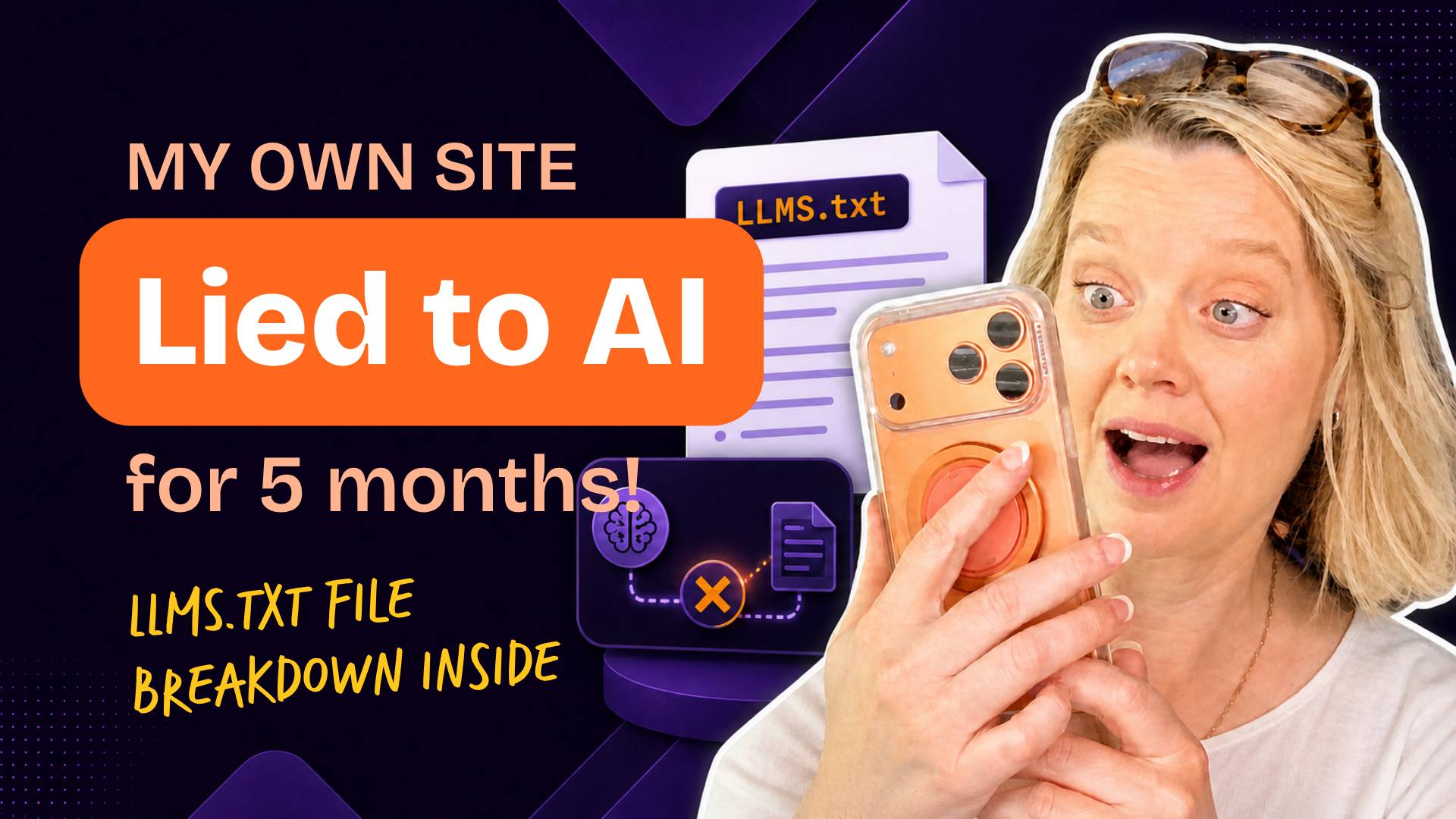 Jeane Sumner looking shocked at her mobile site, headline My Own Site Lied to AI