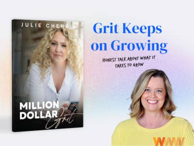 Photo of Jeane Sumner of Website HQ with a copy of the cover of Julie Chenell's book "Million Dollar Grit"