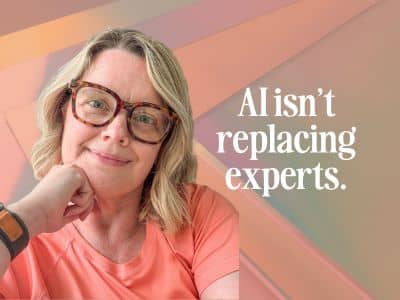 Image of Jeane Sumner with a slight smile. Next to her it reads AI isn't replacing experts.