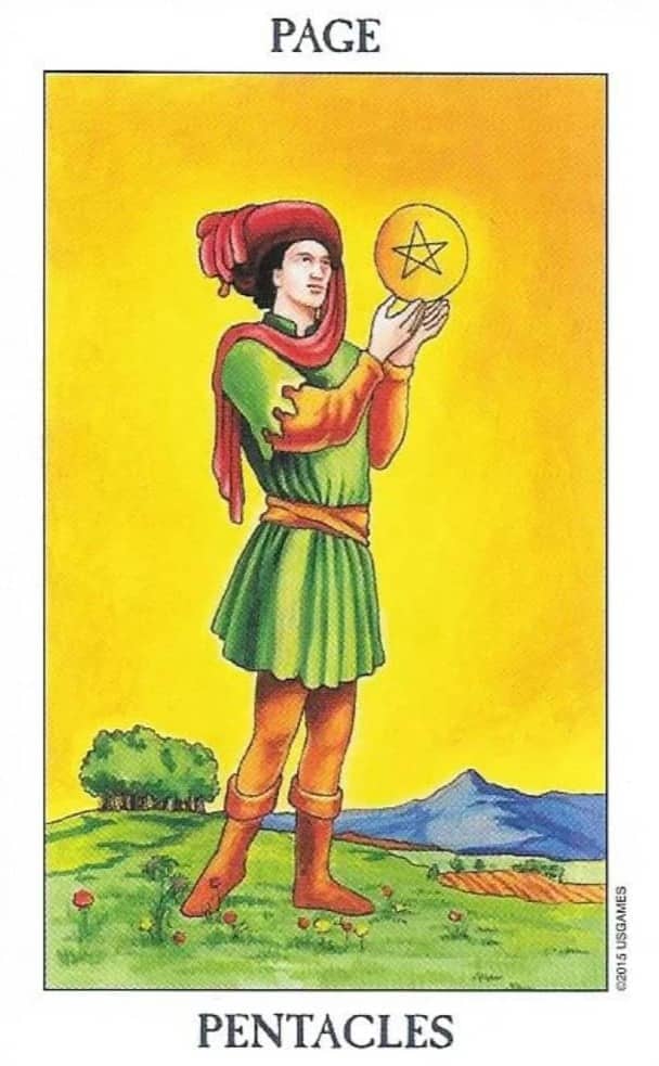 the page of pentacles tarot card - an image of a page holding onto and staring at a large coin