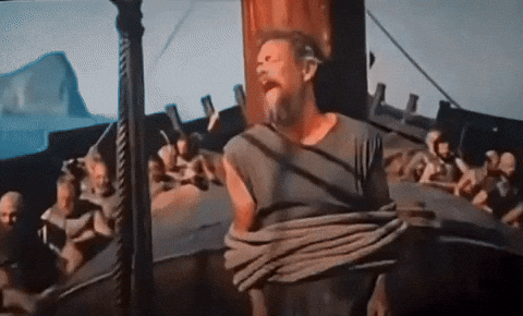 Matt Damon screaming while tied to a pole on a boat - from the movie, The Odyssey
