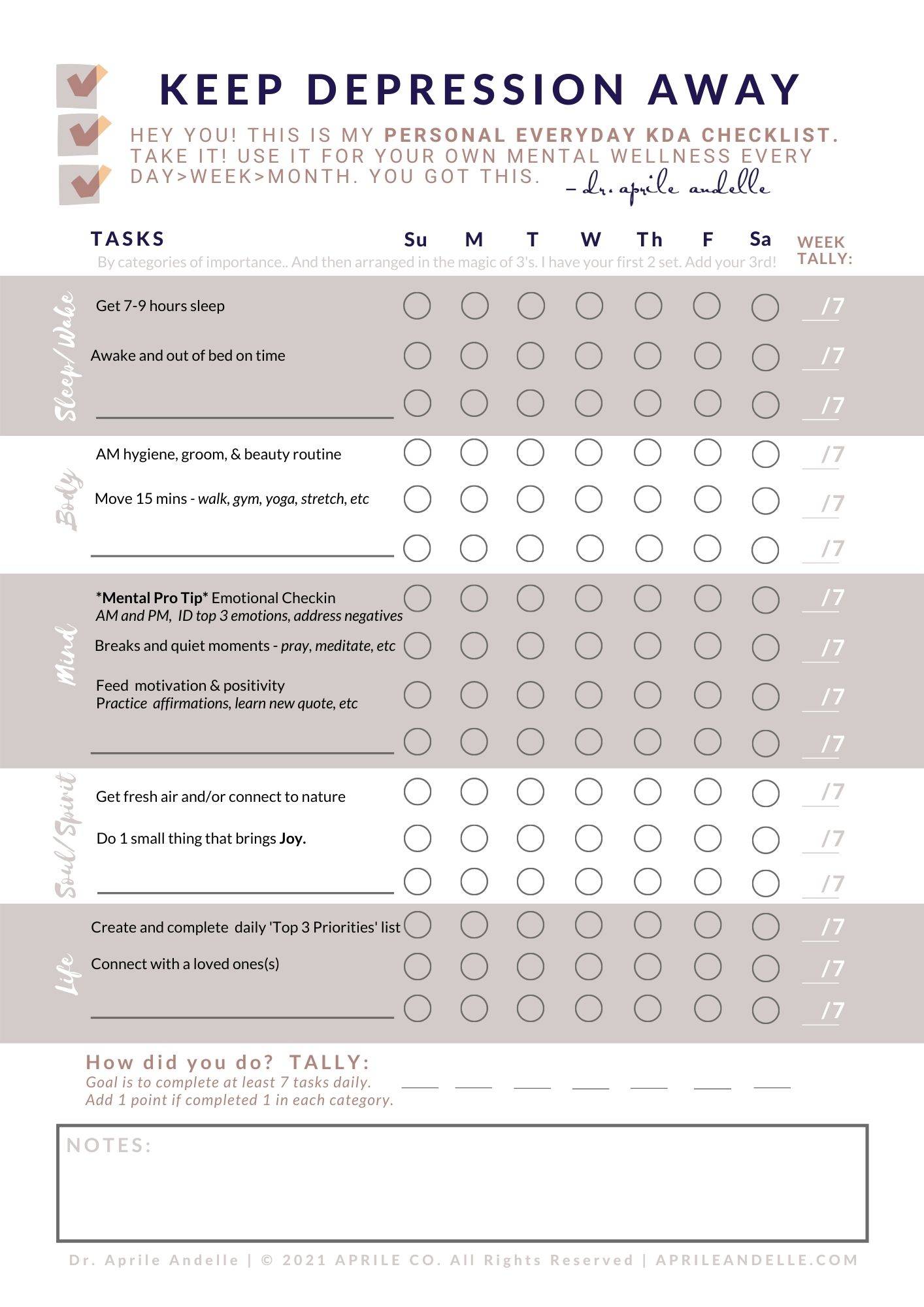 KEEPDEPRESSIONAWAY CHECKLIST