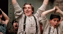 GIF from Newsies of characters celebrating a victory and cheering/pumping arms