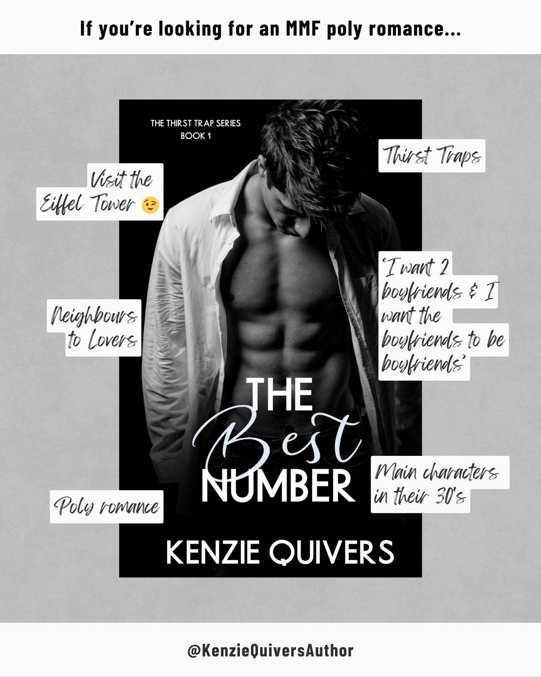 Cover of The Best Number by Kenzie Quivers. If you're looking for an MMF poly romance... tropes include: visit the Eiffel Tower 😉, Neighbours to Lovers, Poly romance, Thirst traps, "I want 2 boyfriends & I want the boyfriends to be boyfriends", main characters in their 30's.
