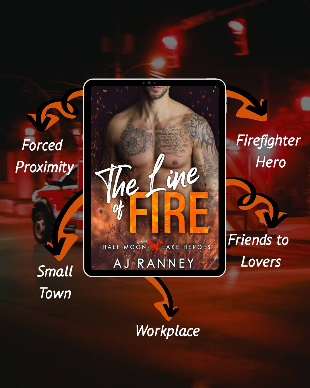 Cover of The Line of Fire by AJ Ranney surrounded by tropes: Forced proximity, small town, workplace, firefighter hero, friends to lovers
