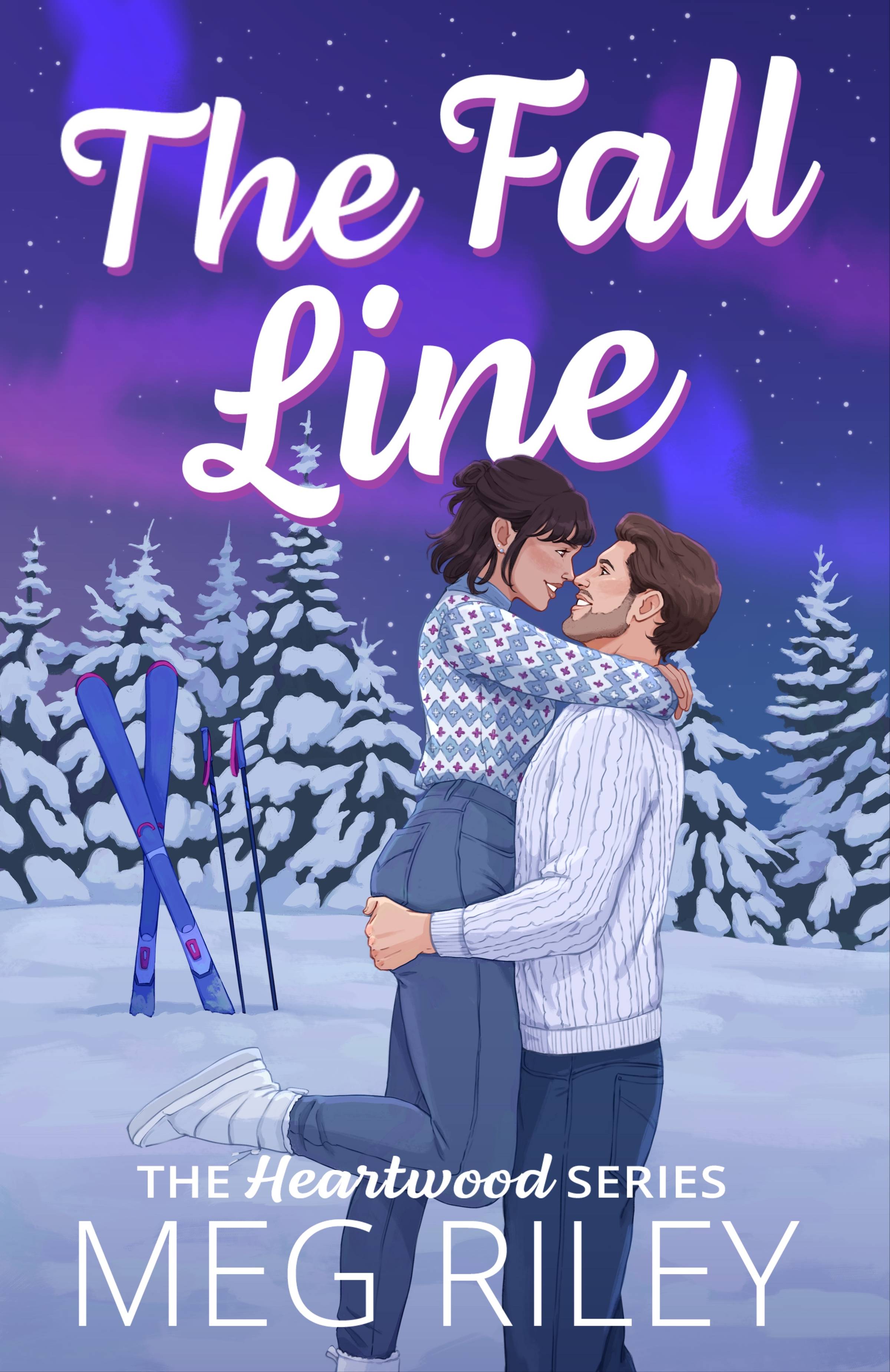 Cover of The Fall Line by Meg Riley - The Heartwood Series featuring a couple embracing in the snow in front of a set of skis and snowy evergreen trees