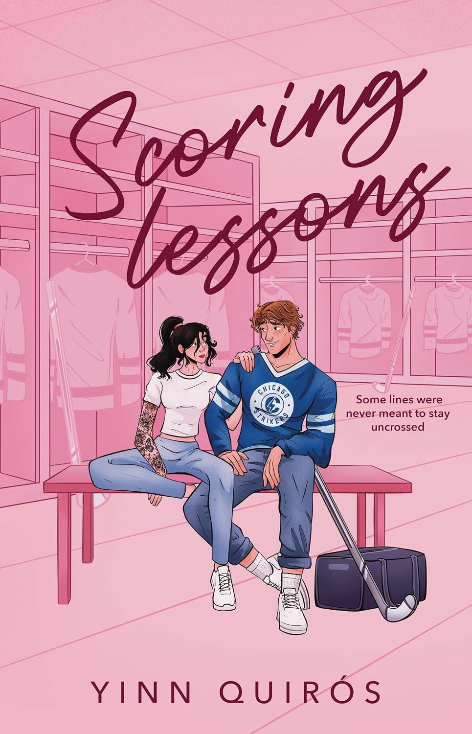 Cover of Scoring Lessons by Yinn Quirós featuring a pink softly illustrated background of a locker room and a couple sitting on a locker room bench in the foreground, with the man in a hockey jersey next to a hockey stick and bag.