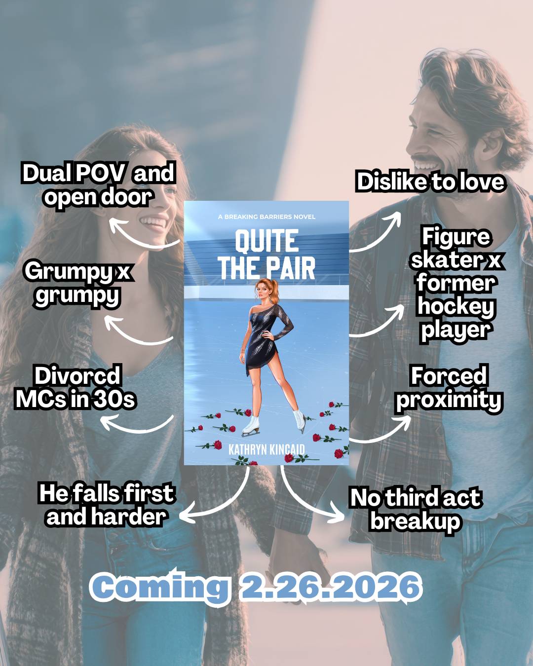 [cover of Quite the Pair by Kathryn Kincaid featuring the tropes: Dual POV and open door, grumpy x grumpy, divorced MCs in 30s, He falls first and harder, No third act breakup, Forced proximity, Figure skater x former hockey player, Dislike to love]