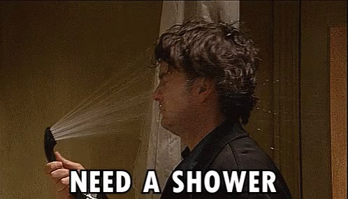 Dylan Moran in Black Books - Need a shower GIF image