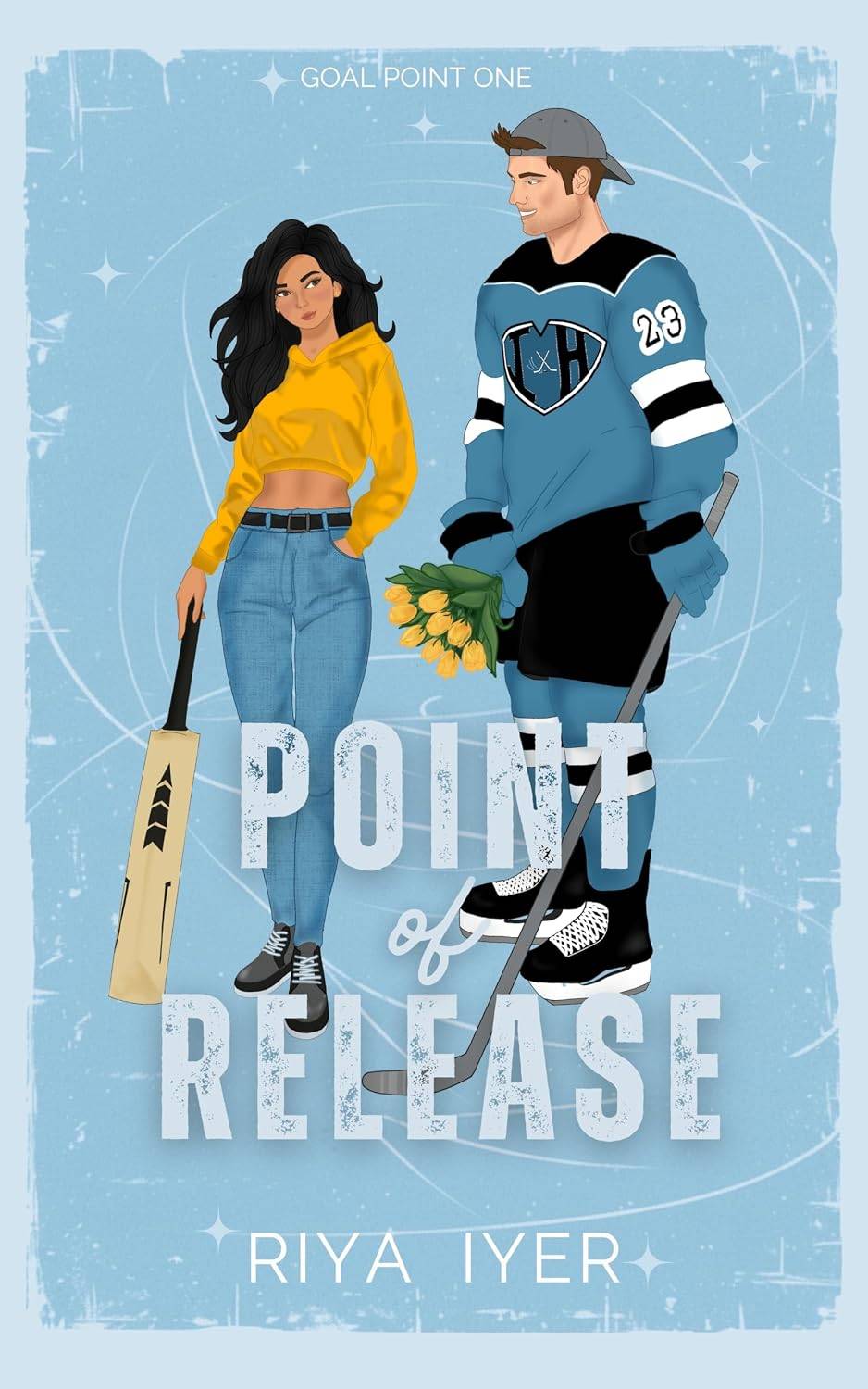 Cover of Point of Release by Riya Iyer featuring a brown-skinned woman with dark hair holding a cricket bat beside a caucasian man in hockey skates holding a bouquet of yellow tulips and a hockey stick