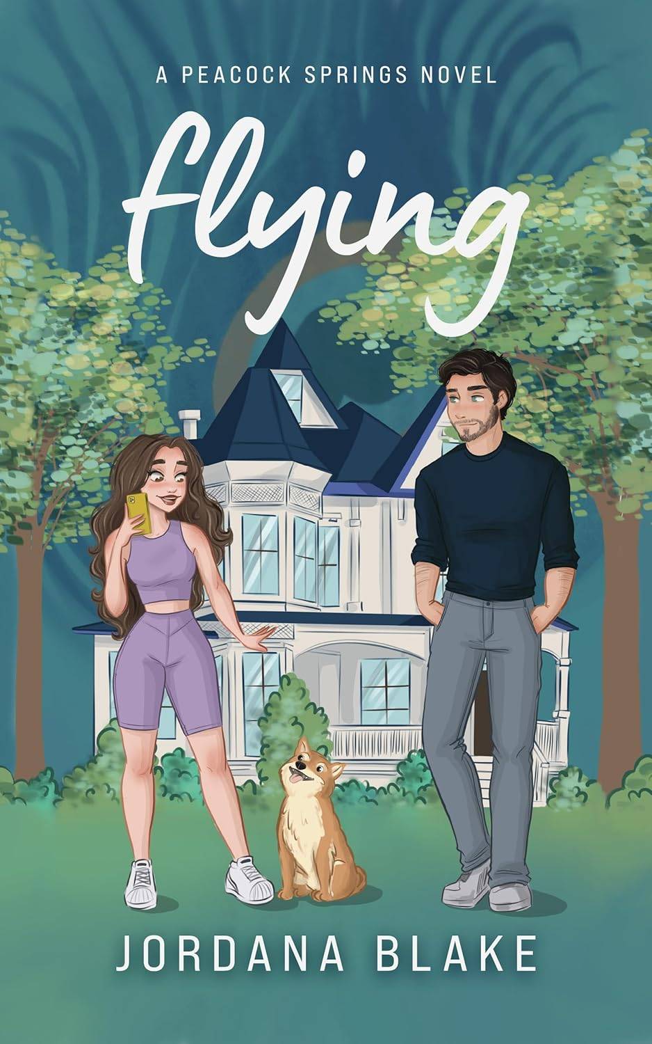 Cover of Flying by Jordana Blake featuring an illustrated couple in front of a house; the woman is talking on the phone and looking at a small dog between them, and the man is looking at her.