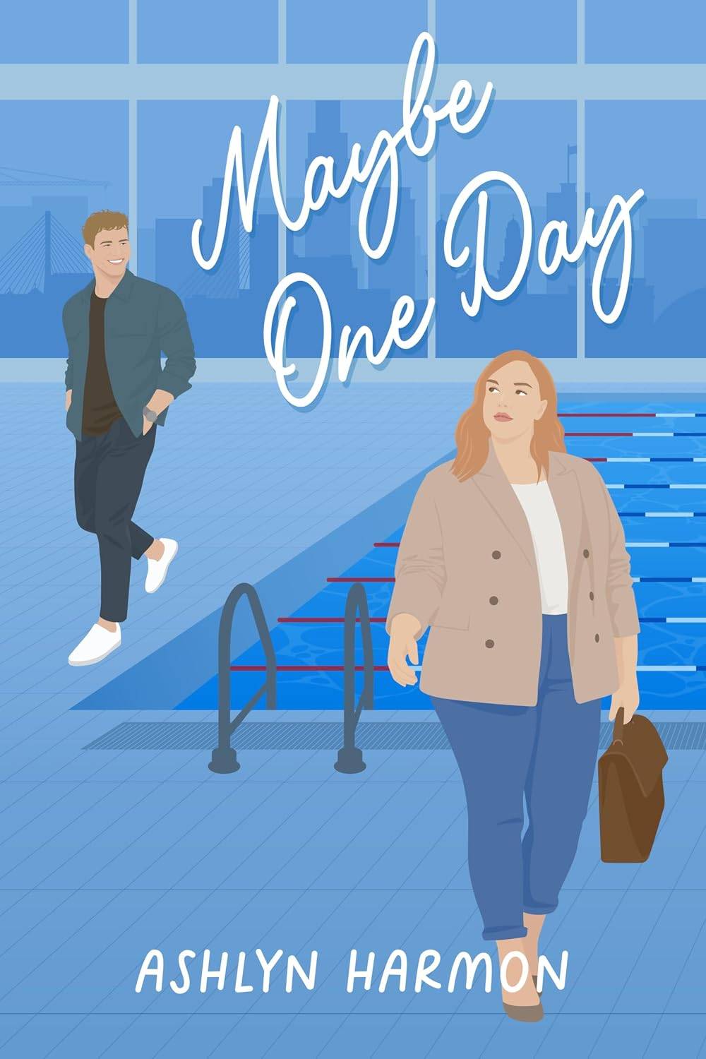 Cover of Maybe One Day by Ashlyn Harmon featuring a blue swimming pool background and illustrated man walking along the pool deck in the background with a plus-sized women walking in the foreground with the title text above/between them.