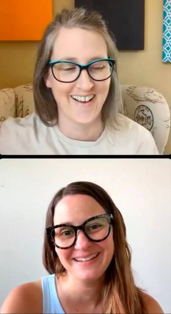 Screenshot from Instagram LIVE with Hannah and Katie Van Brunt - May 20. Photo of white woman with glasses laughing above photo of a different white woman with glasses smiling.