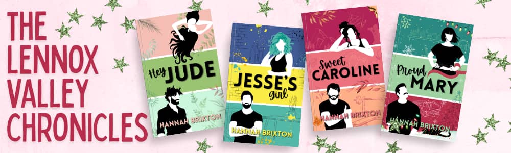 Promotion graphic depicting the four covers from the Lennox Valley Chronicles series next to all-caps red text reading same. Hey Jude, Jesse's Girl, Sweet Caroline, and Proud Mary.