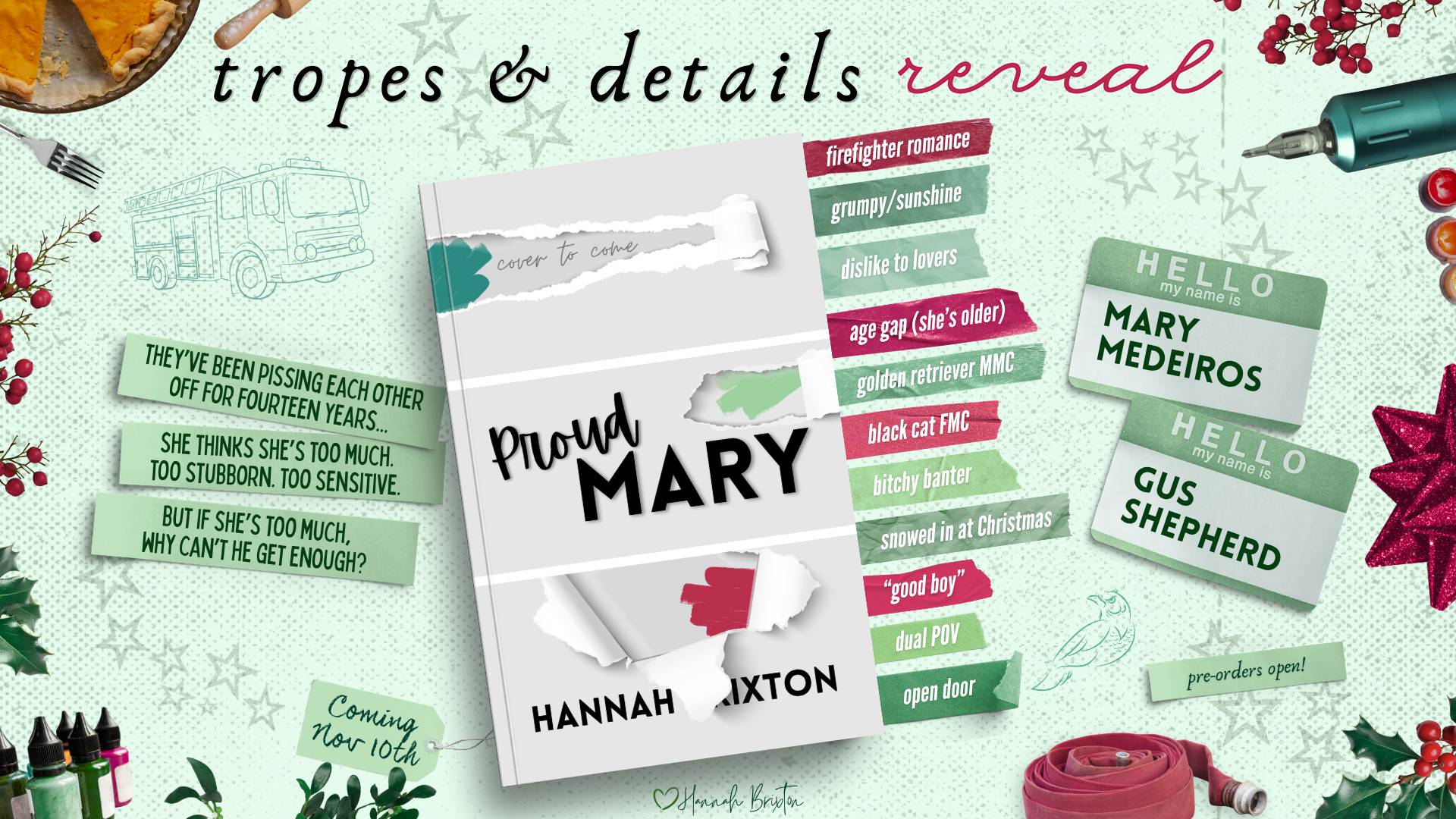 Graphic with light green textured background with star and fireworks motifs as well as a fire truck and a bird motif.  Text at the top reads "tropes & details reveal" and below in the center is a paperback mockup of Proud Mary by Hannah Brixton with the t