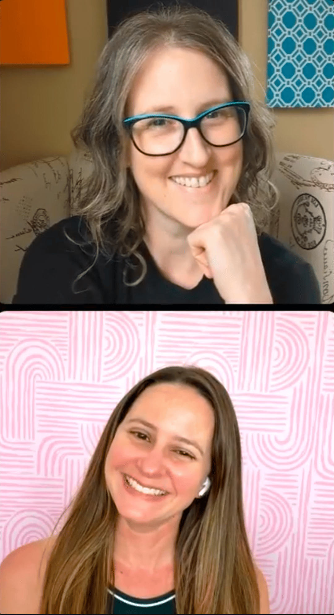 Screenshot from Instagram LIVE with Hannah Brixton (above) and Katie Van Brunt (below), both smiling
