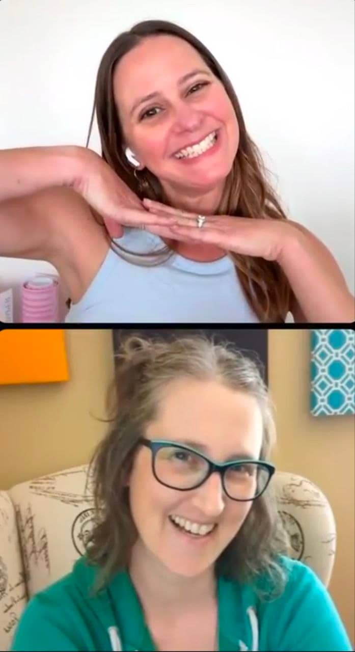 Authors Katie Van Brunt and Hannah Brixton on Instagram Live July 13 2026. Katie is pictured posing above Hannah who is smiling.
